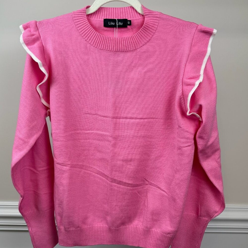 LiLu LiLu Sweater, Size 10, Pink with Ruffle Detail, Long Sleeve Crewneck